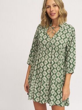 Zara Green Geometric Boho Printed Tiered Mini Dress Size L